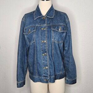 VTG Chico's Design Denim Jacket Colorful Silk Lining‎ Patchwork Boho Hippie 0 S